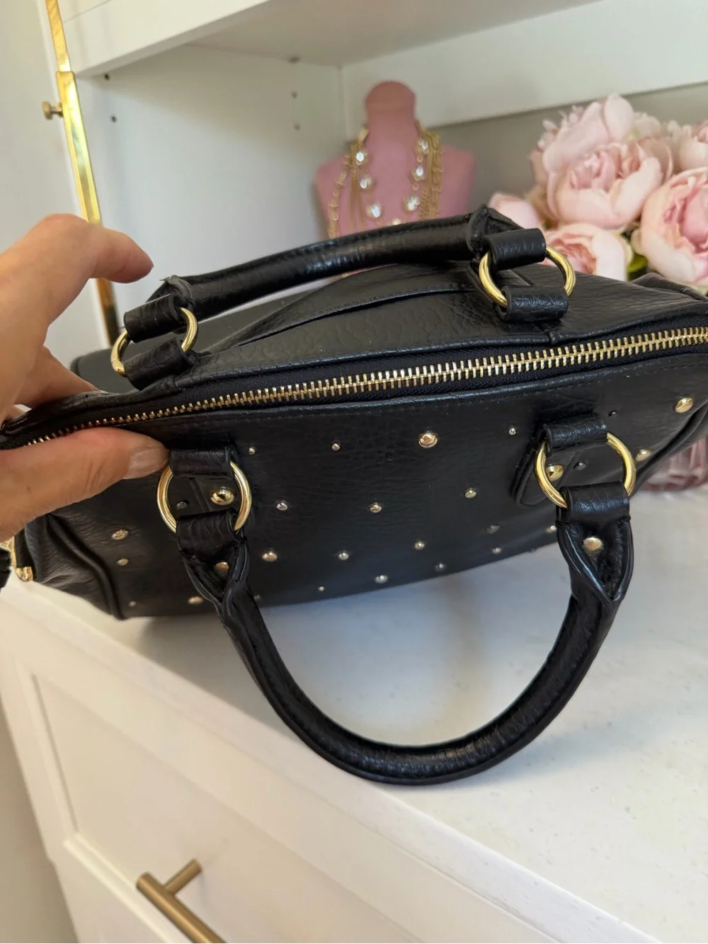 Juicy Couture EUC Black Leather Studded cross body Satchel with Gold Accents